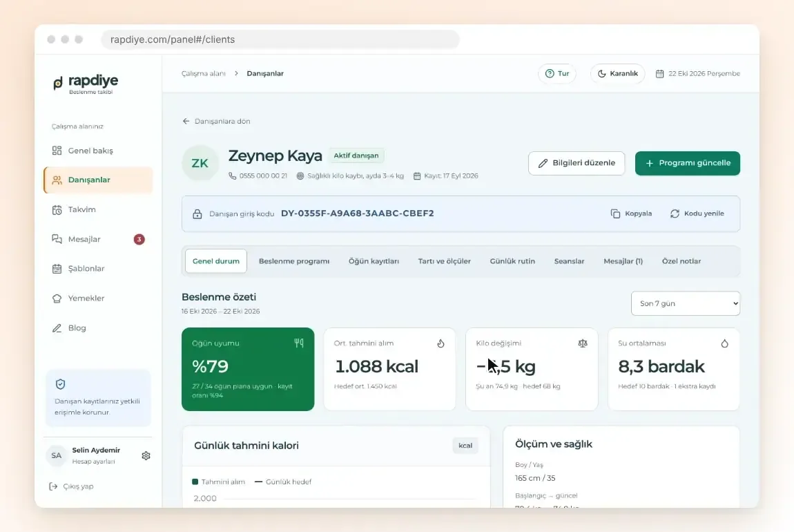 Tartı ve ölçüler sekmesinde kilo seyri 78,4 kilodan 74,9 kiloya iniyor; Vücut ölçüleri kartlarında Kalça, Yağ oranı ve Bazal metabolizma seçildikçe alttaki grafik o ölçüye geçiyor
