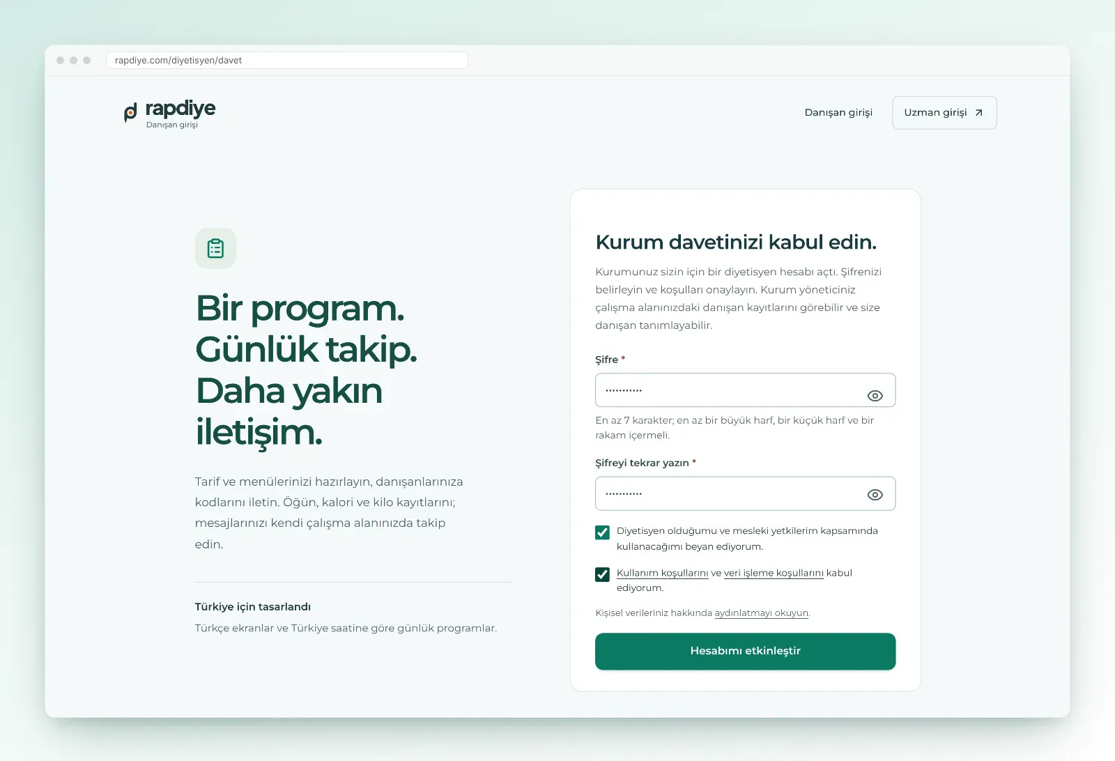 Diyetisyen için kurum daveti kabul sayfası: şifre alanları, mesleki beyan ve koşul onay kutuları, Hesabımı etkinleştir düğmesi