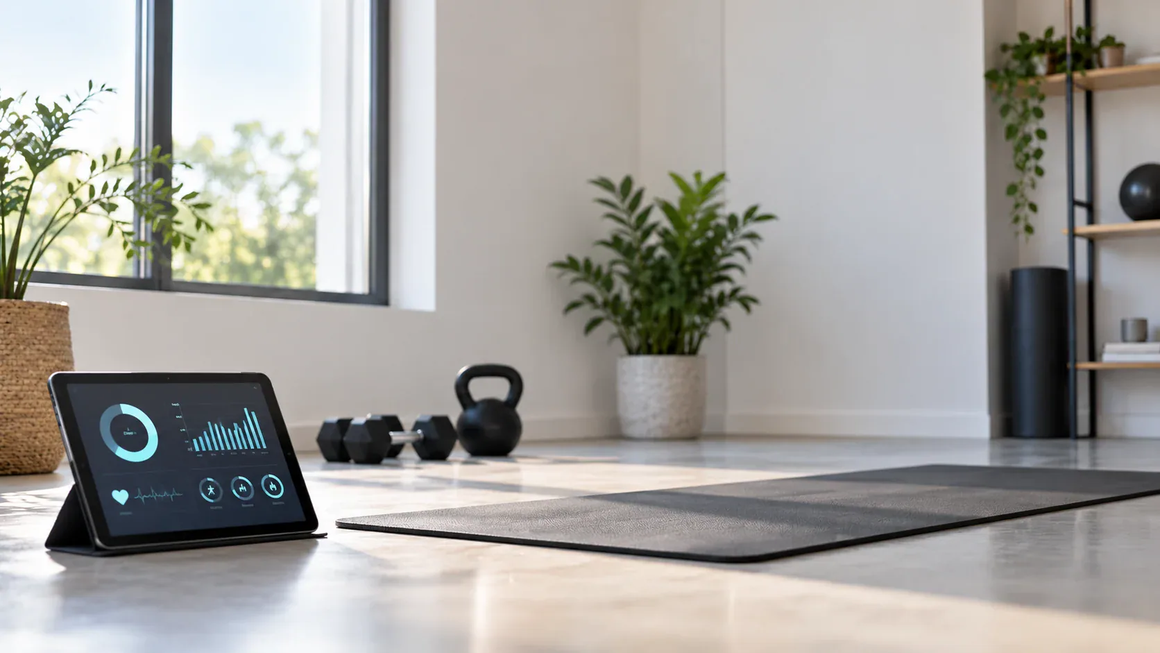 Ev spor alanında egzersiz verilerini gösteren tablet