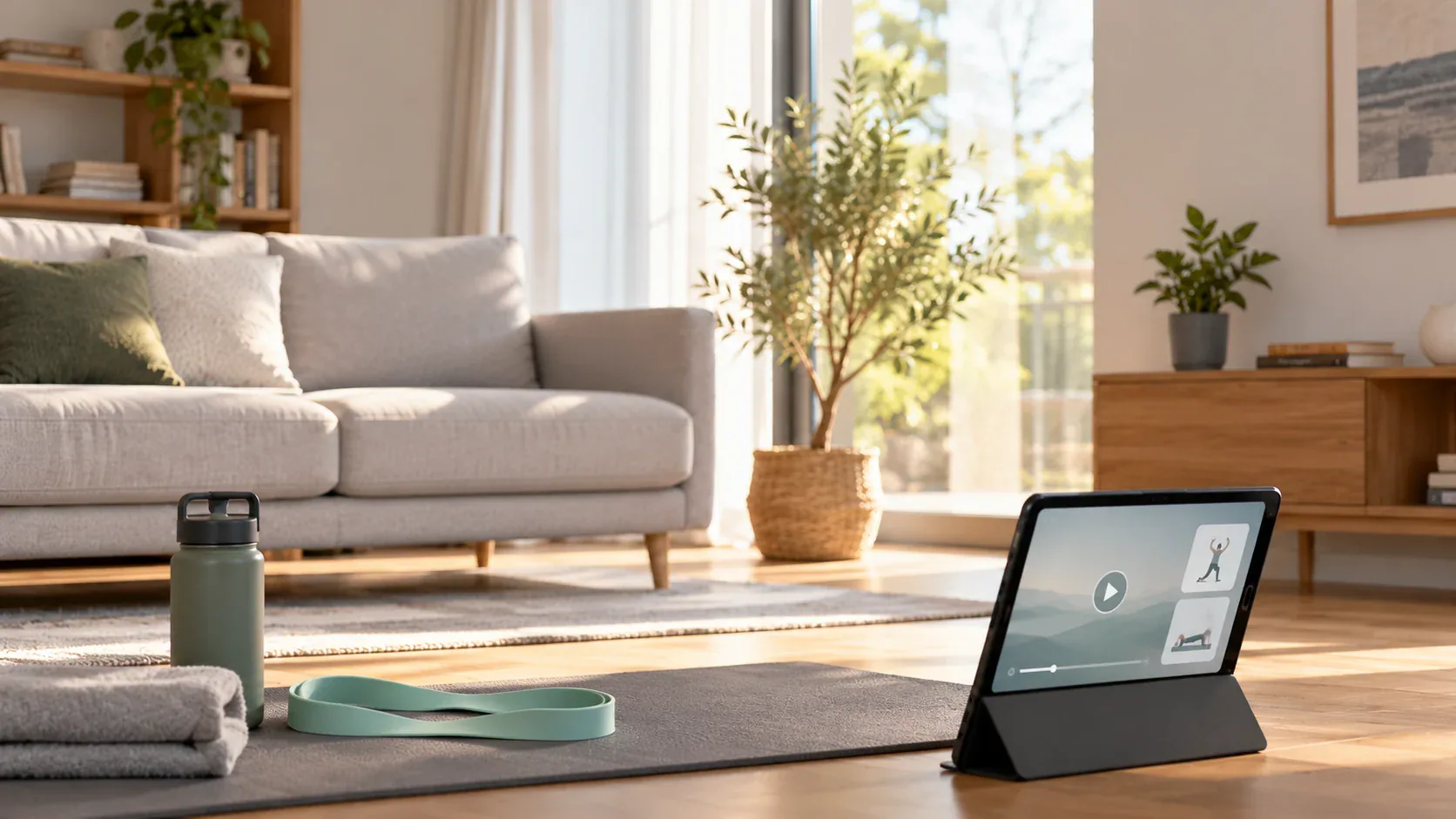 Evde egzersiz videosu açık tablet ve direnç bandı