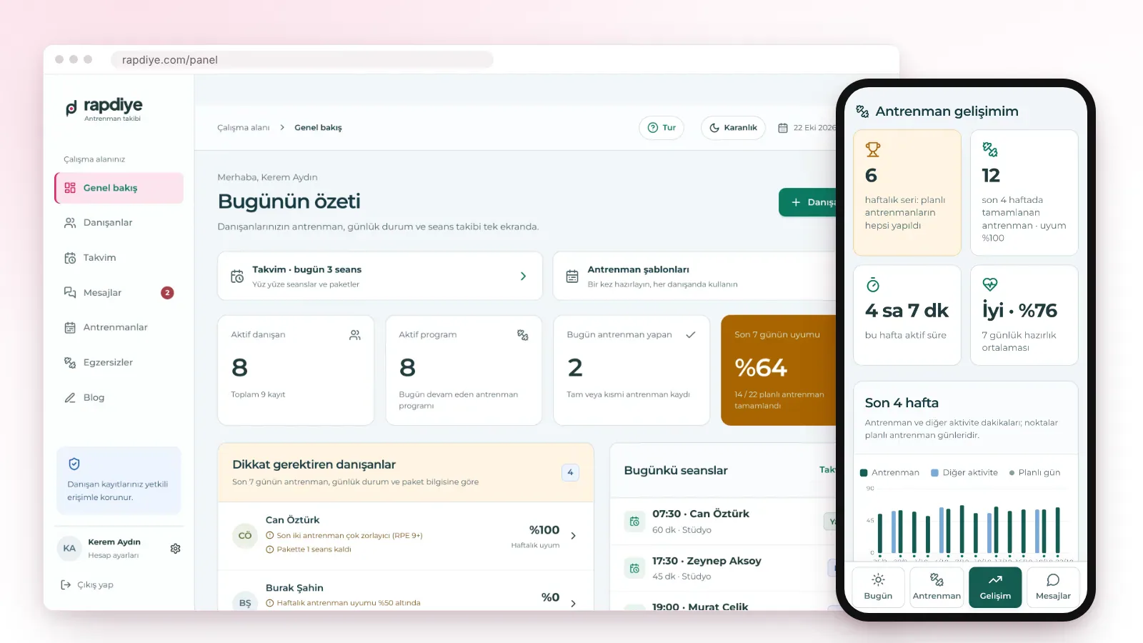 Rapdiye antrenör panelinde Bugünün özeti ekranı ve yanında danışanın telefonundaki antrenman gelişimi sayfası