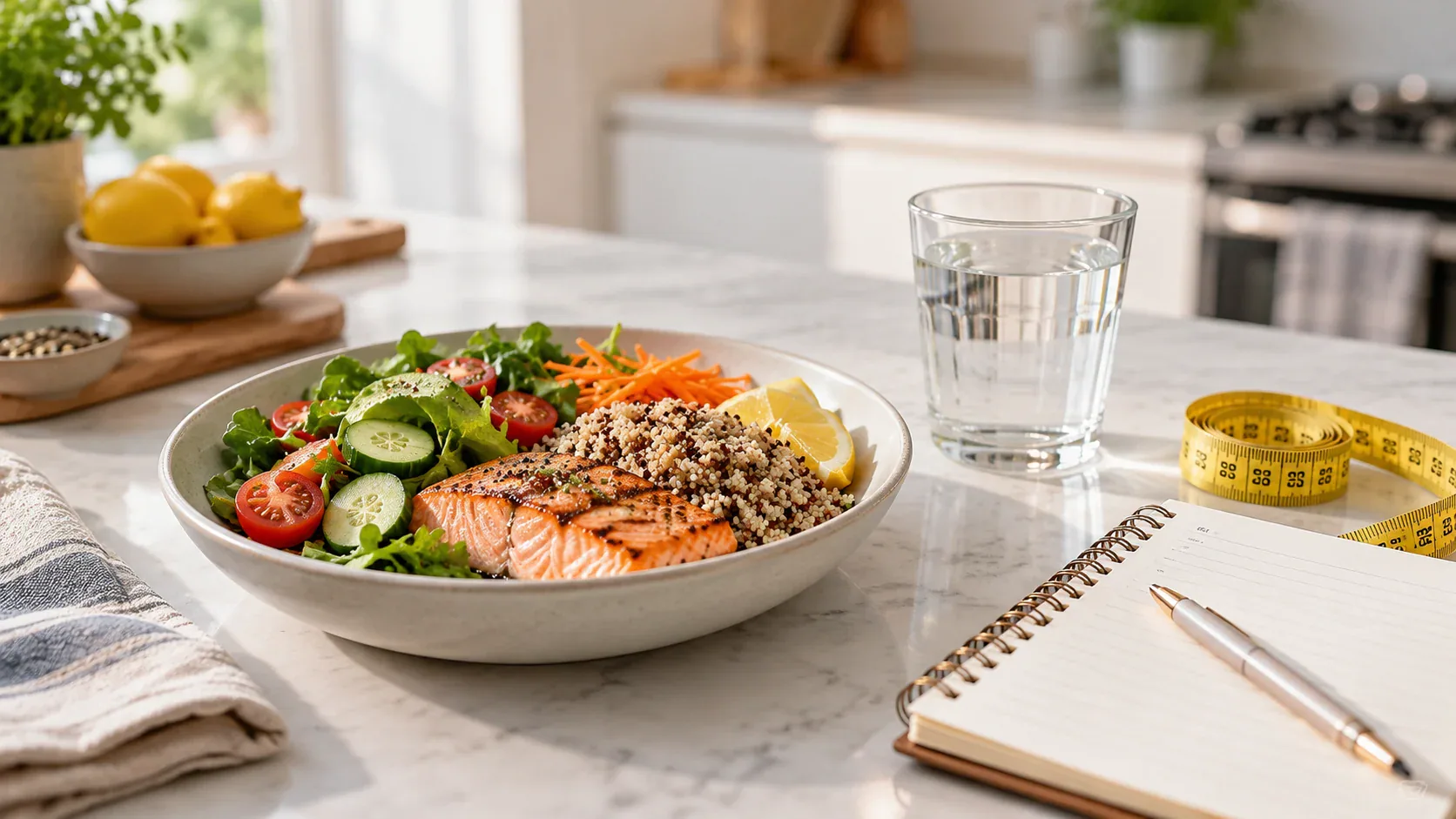 Somonlu kinoa salatası, su bardağı ve mezura